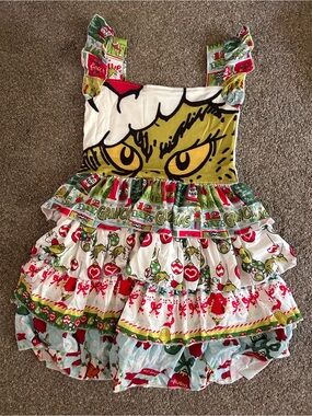 Girls' Grinch Multi-Color Ruffle Holiday Dress